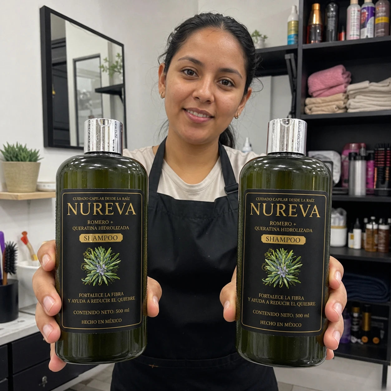 Cosmetóloga mexicana mostrando dos botellas Nureva