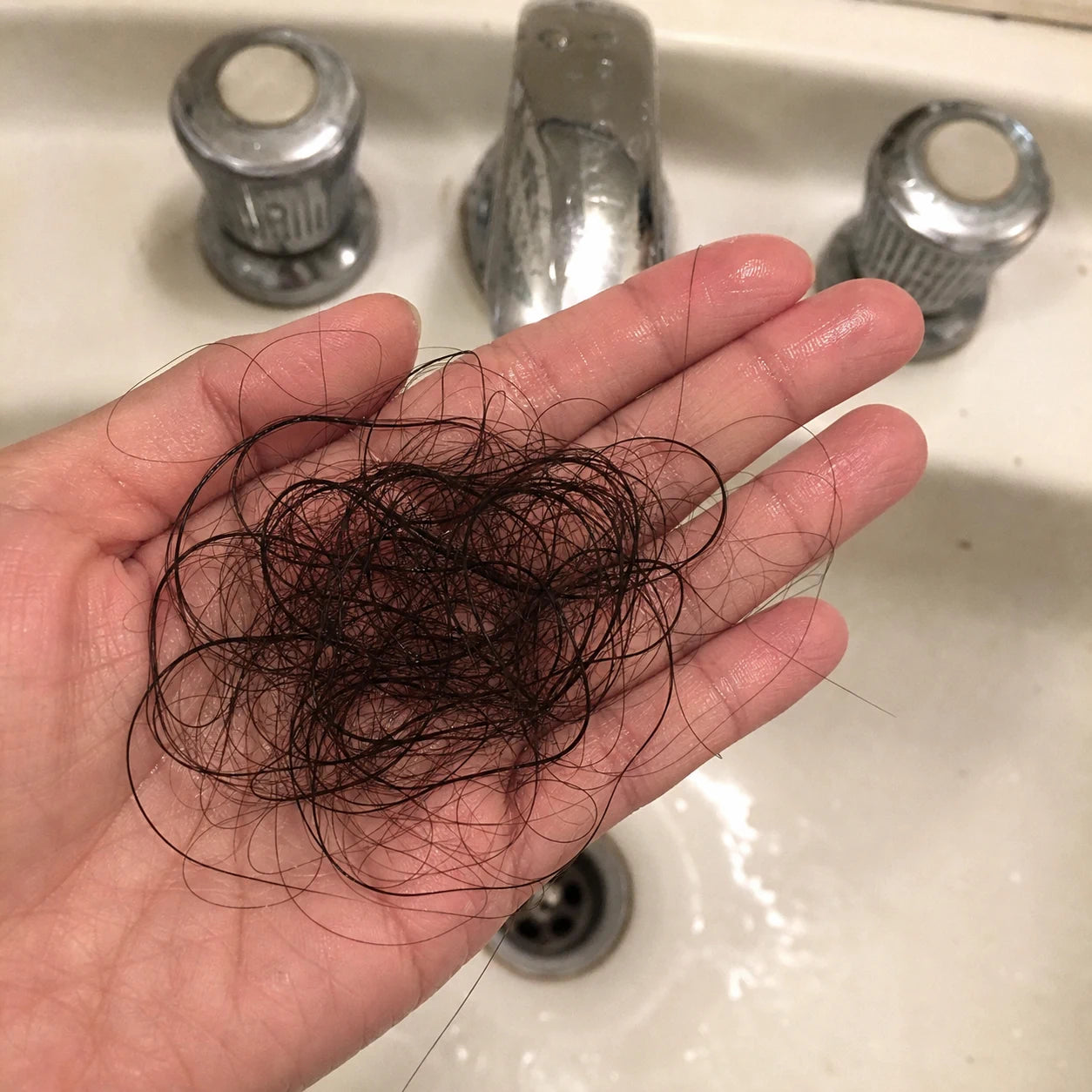 Cabello suelto en una mano después del lavado
